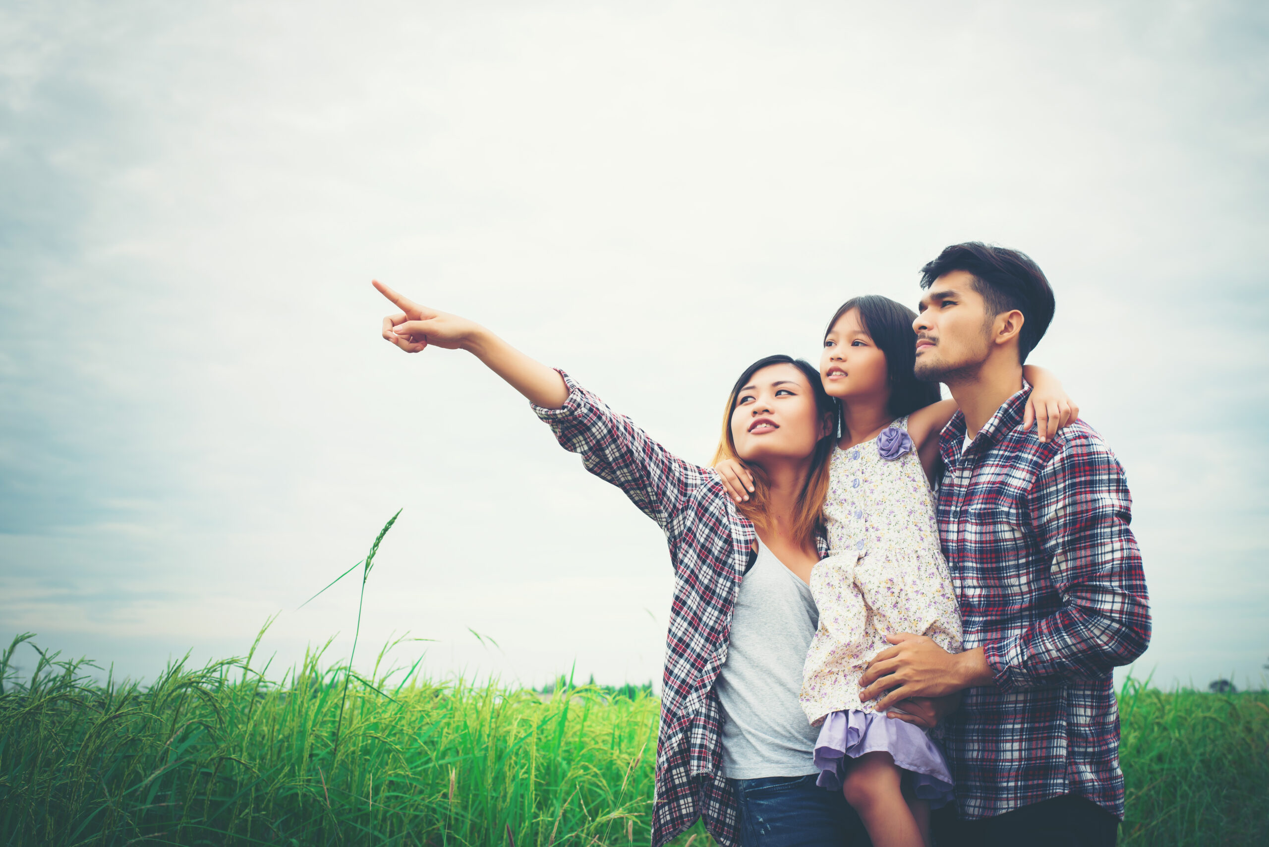 Family of mother, father and child on meadow, dad carrying the daughter.